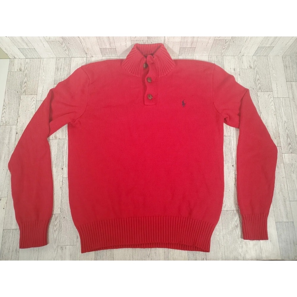 Polo Ralph Lauren Sweater Mens MEDIUM Blue Label Red Grandpa Core Pullover READ